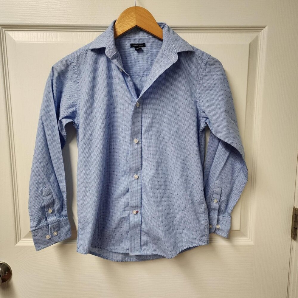 Tommy Hilfiger boys size 12 long sleeve blue shirt mini check or grid pattern